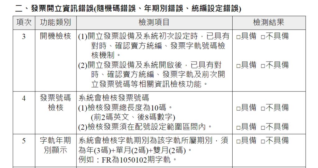 電子發票開立系統自行檢測表